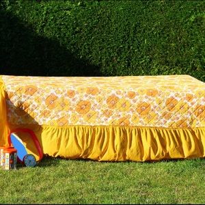 Vintage Bed Linen Valance 1960s Bed Cover yellow orange floral sixties retro